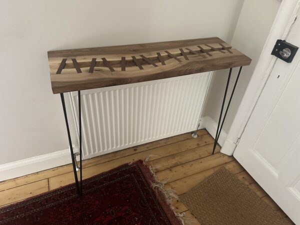 English Walnut wood stitched radiator console table - Image 3