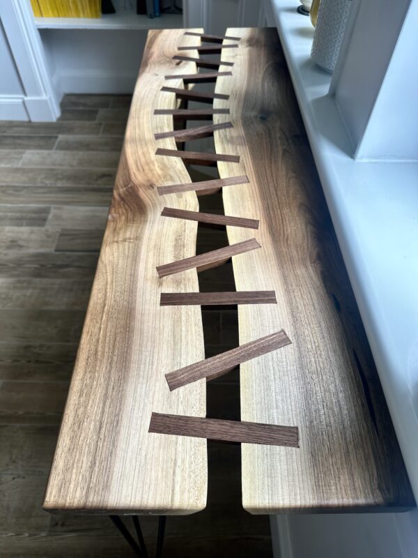 English Walnut wood stitched radiator console table - Image 2