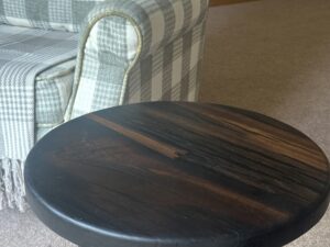 Round Bog Oak and Resin Side Table or small coffee table, hand made in Scotland.