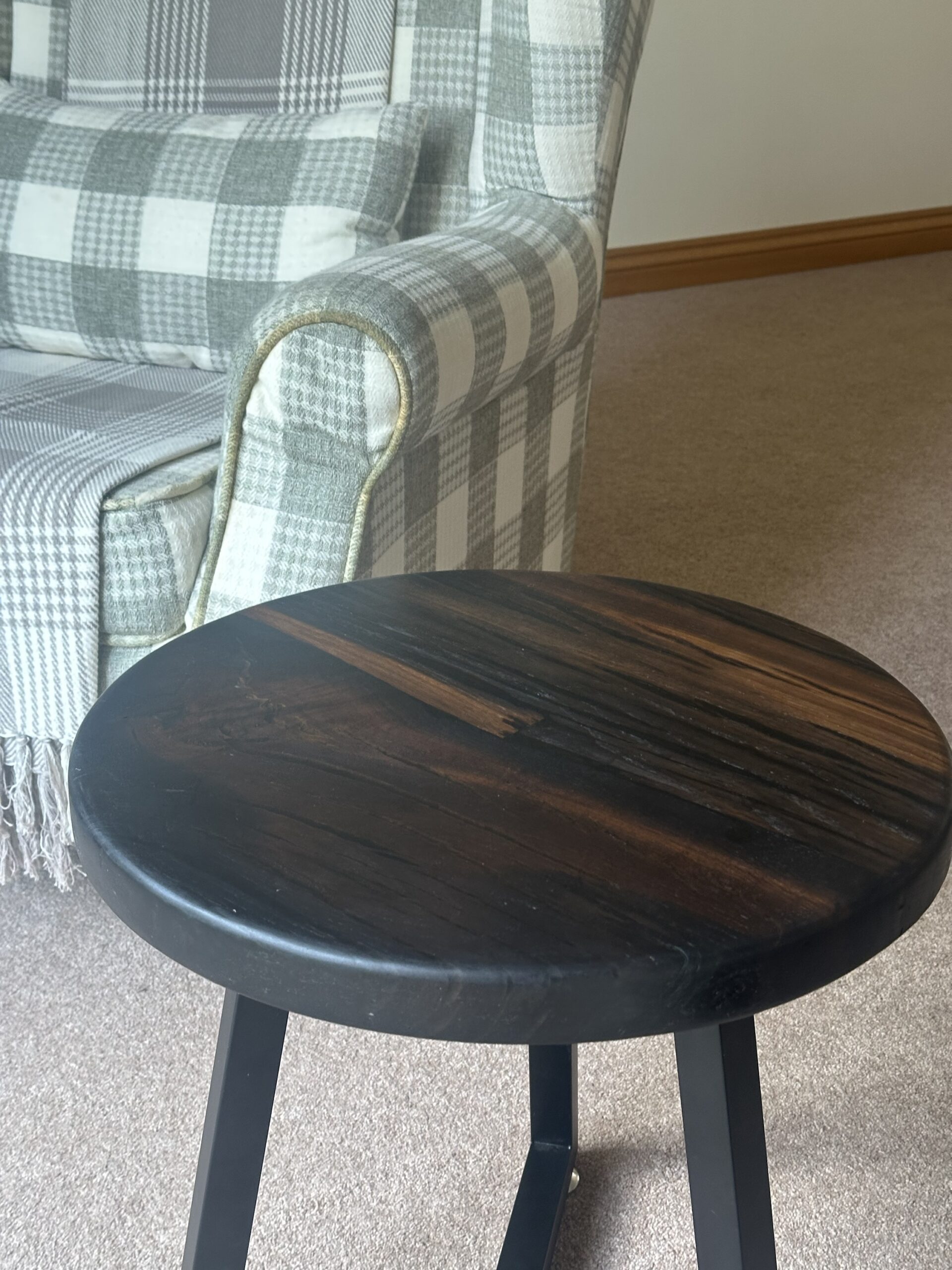 Round Bog Oak and Resin Side Table or small coffee table, hand made in Scotland.